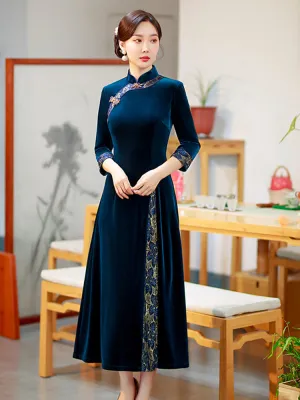 Loose-Fit Improved Vintage Mid-length Sleeve Velvet Cheongsam Dress for Women