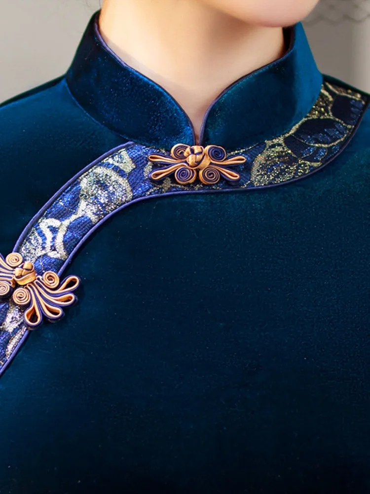 Loose-Fit Improved Vintage Mid-length Sleeve Velvet Cheongsam Dress for Women