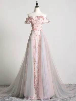 Lovely Tulle Applique Long Prom Dress A-Line Evening Dress with Detachable Skirt