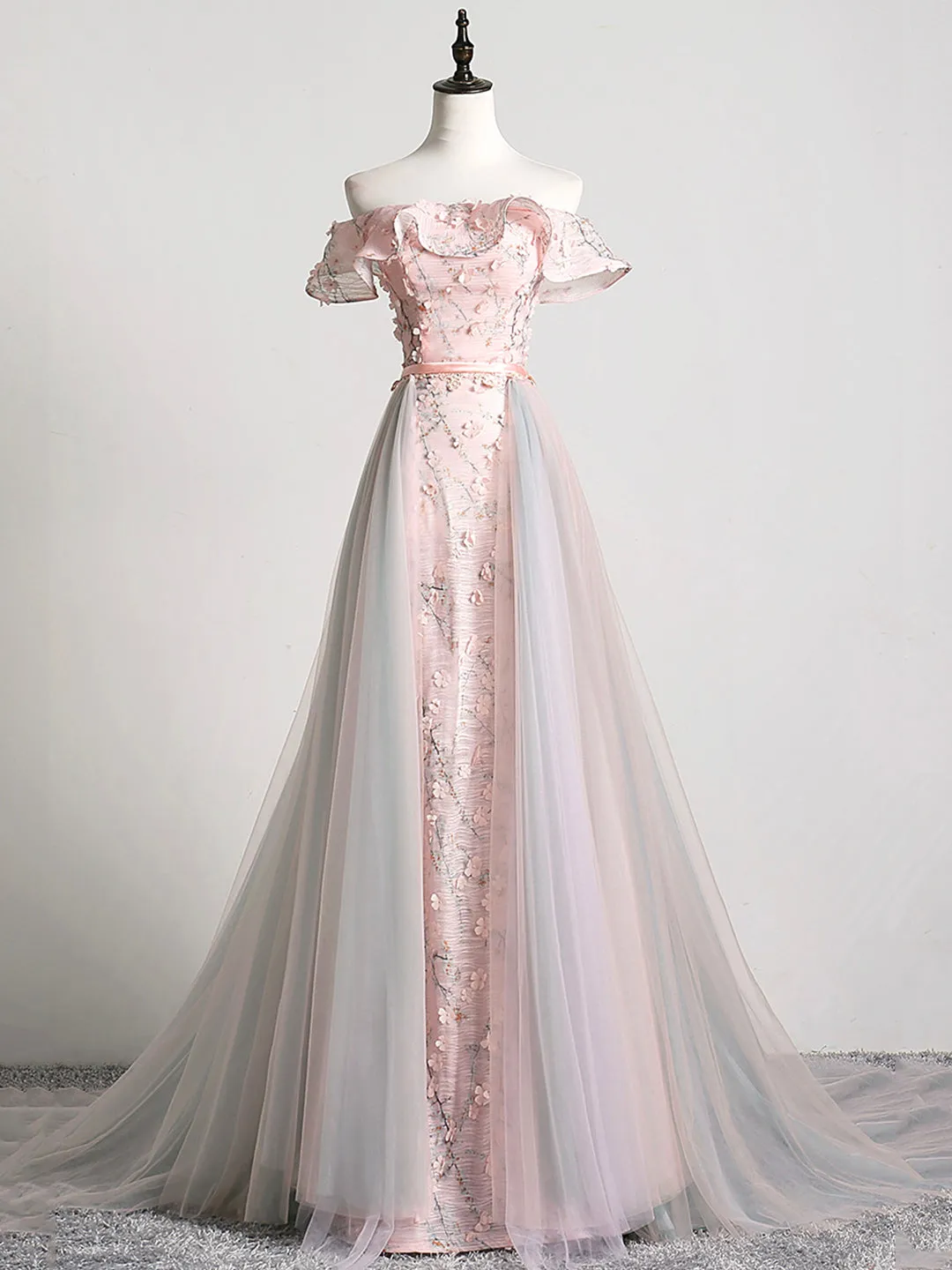 Lovely Tulle Applique Long Prom Dress A-Line Evening Dress with Detachable Skirt