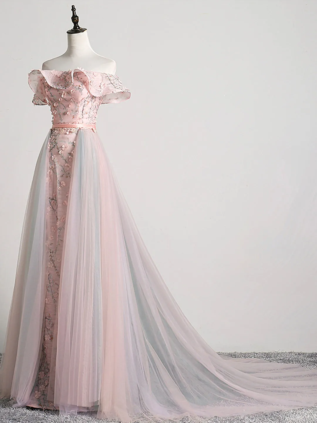 Lovely Tulle Applique Long Prom Dress A-Line Evening Dress with Detachable Skirt
