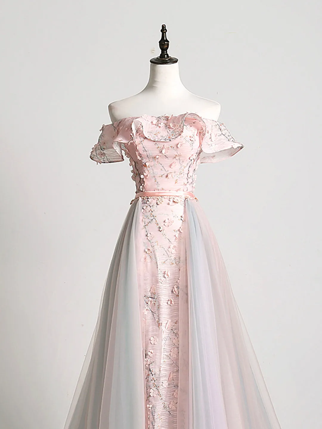 Lovely Tulle Applique Long Prom Dress A-Line Evening Dress with Detachable Skirt