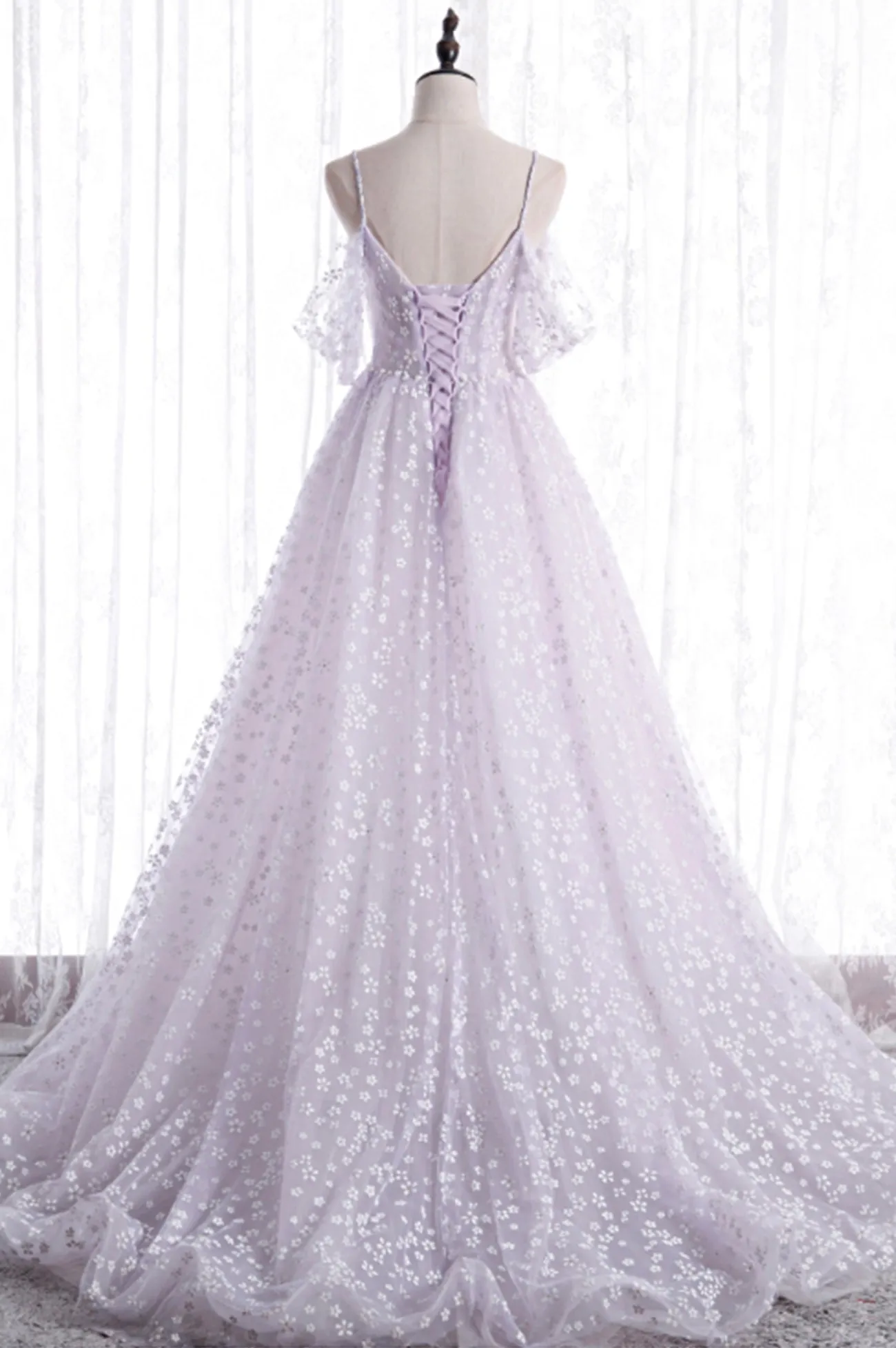 Lovely V-Neck Floral Tulle Long Prom Dress Lavender A Line Evening Party Dress