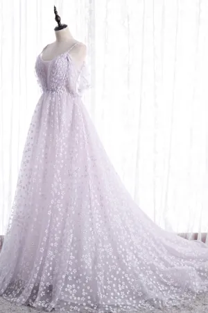 Lovely V-Neck Floral Tulle Long Prom Dress Lavender A Line Evening Party Dress