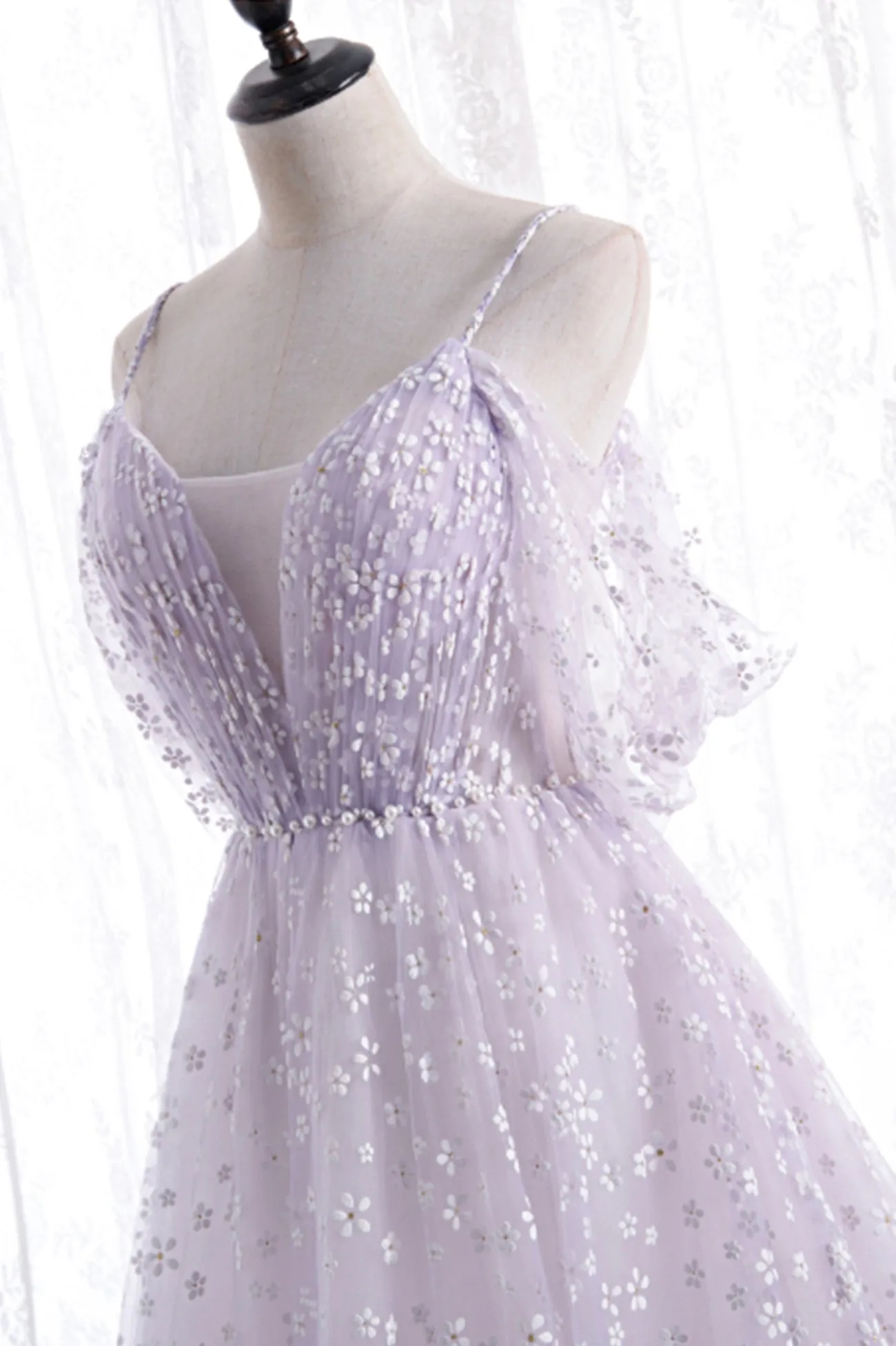Lovely V-Neck Floral Tulle Long Prom Dress Lavender A Line Evening Party Dress