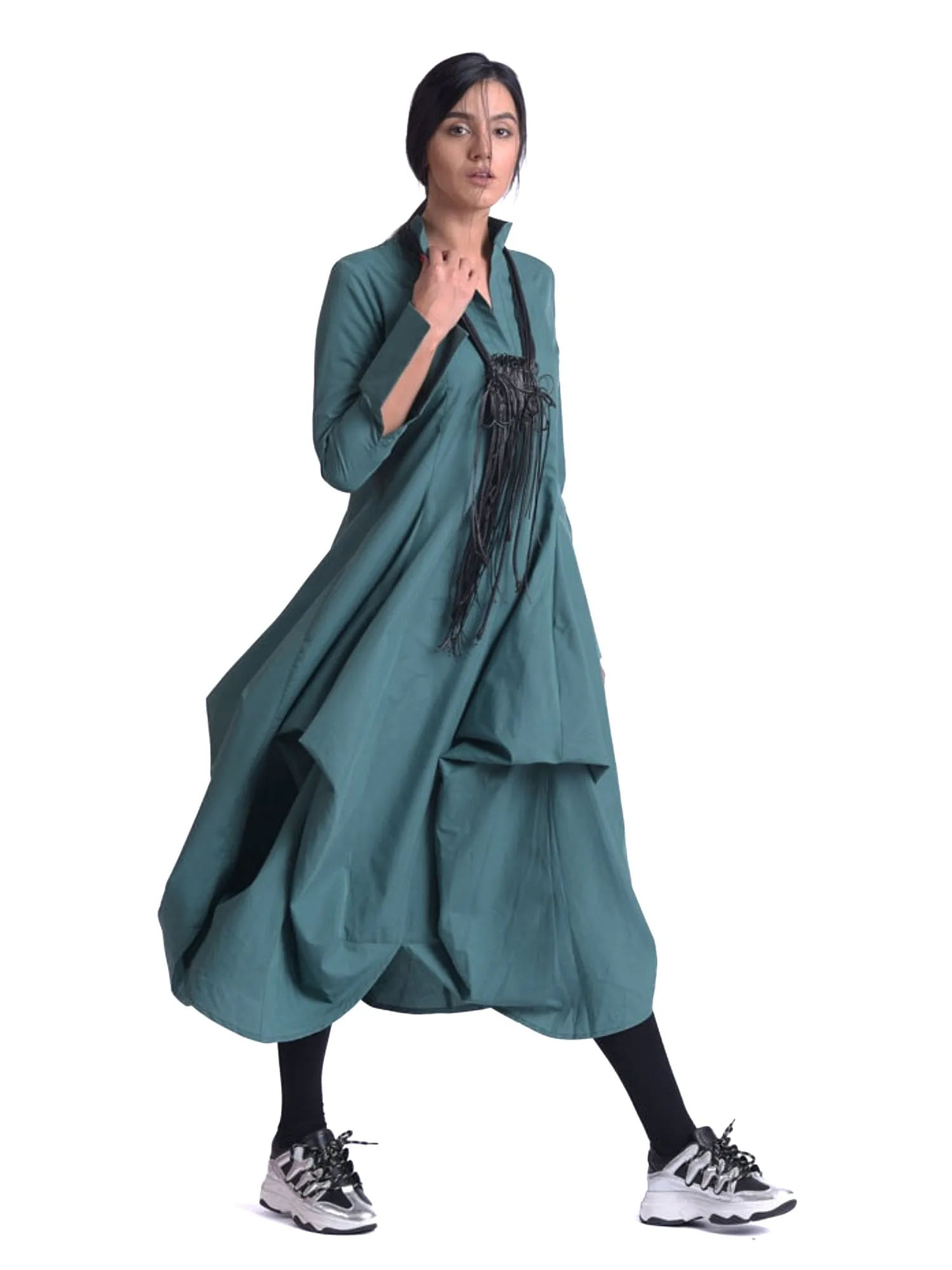 Maxi Asymmetric Collar Shirt  Dress In Slate Green
