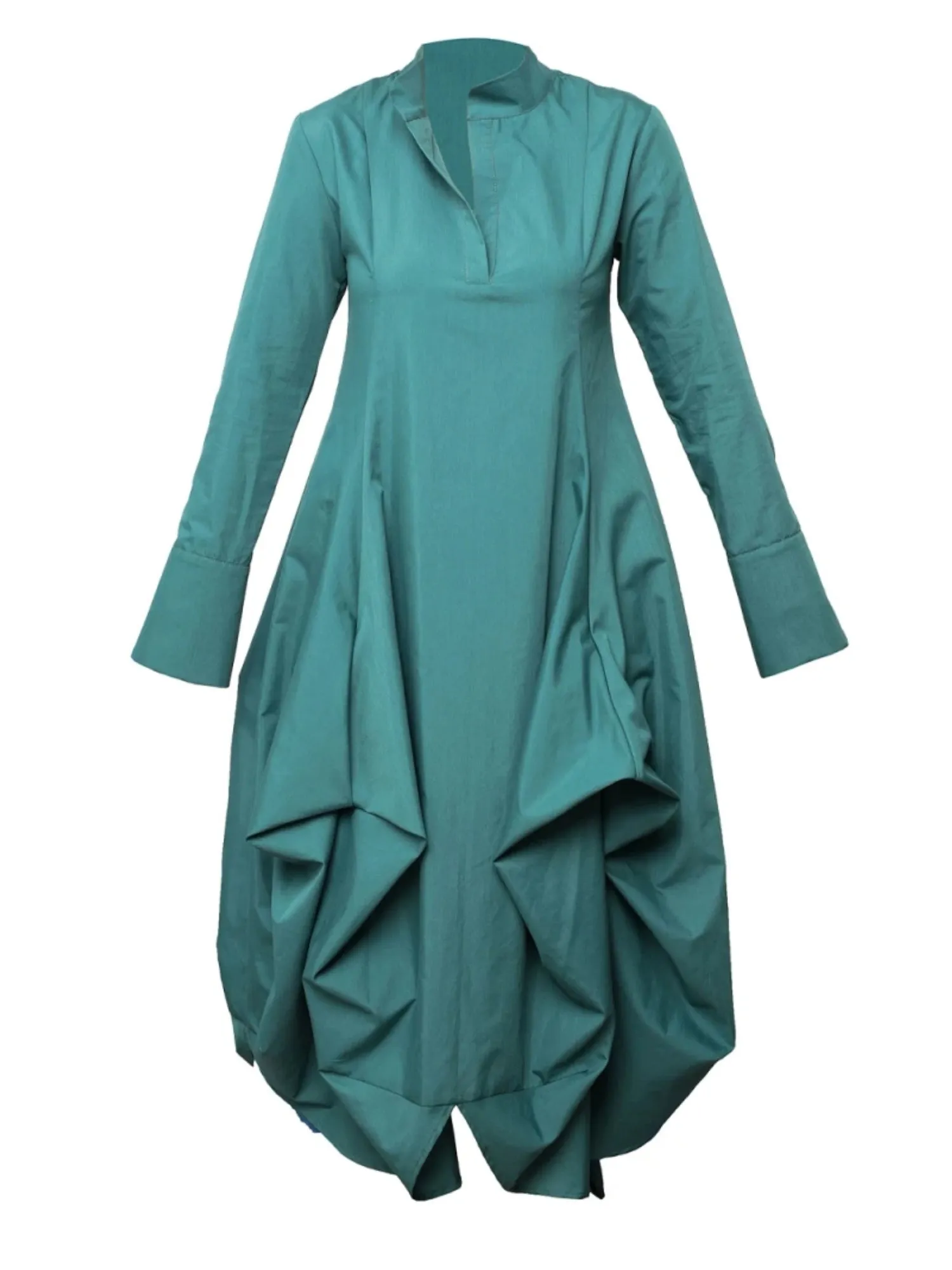 Maxi Asymmetric Collar Shirt  Dress In Slate Green