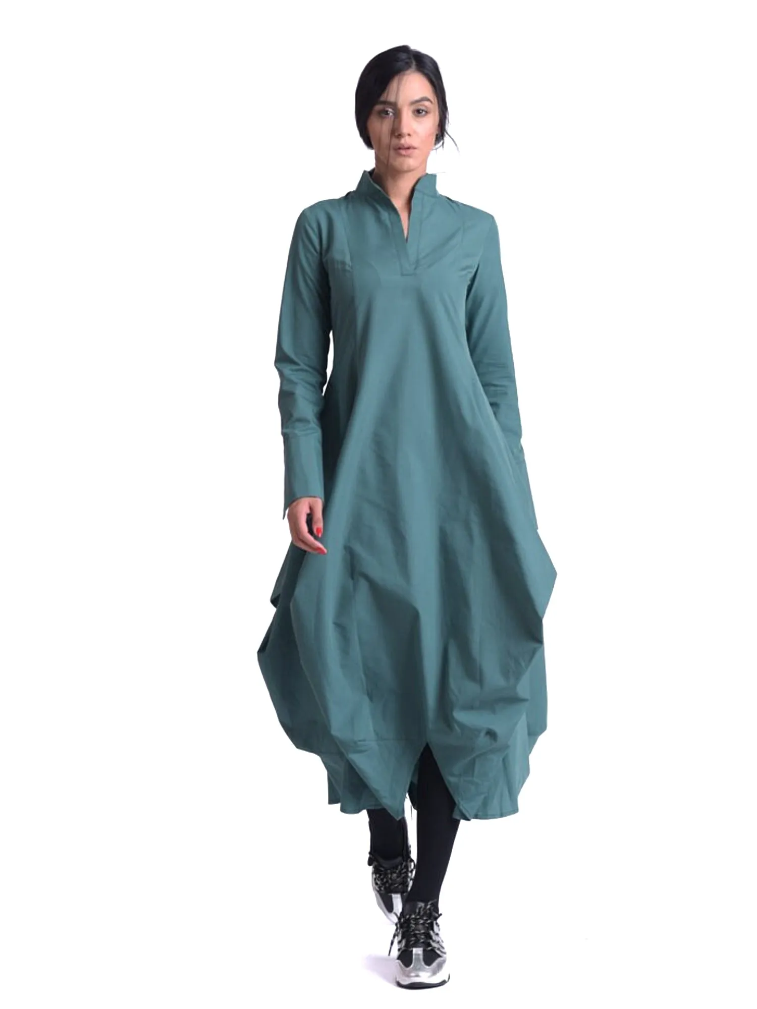 Maxi Asymmetric Collar Shirt  Dress In Slate Green