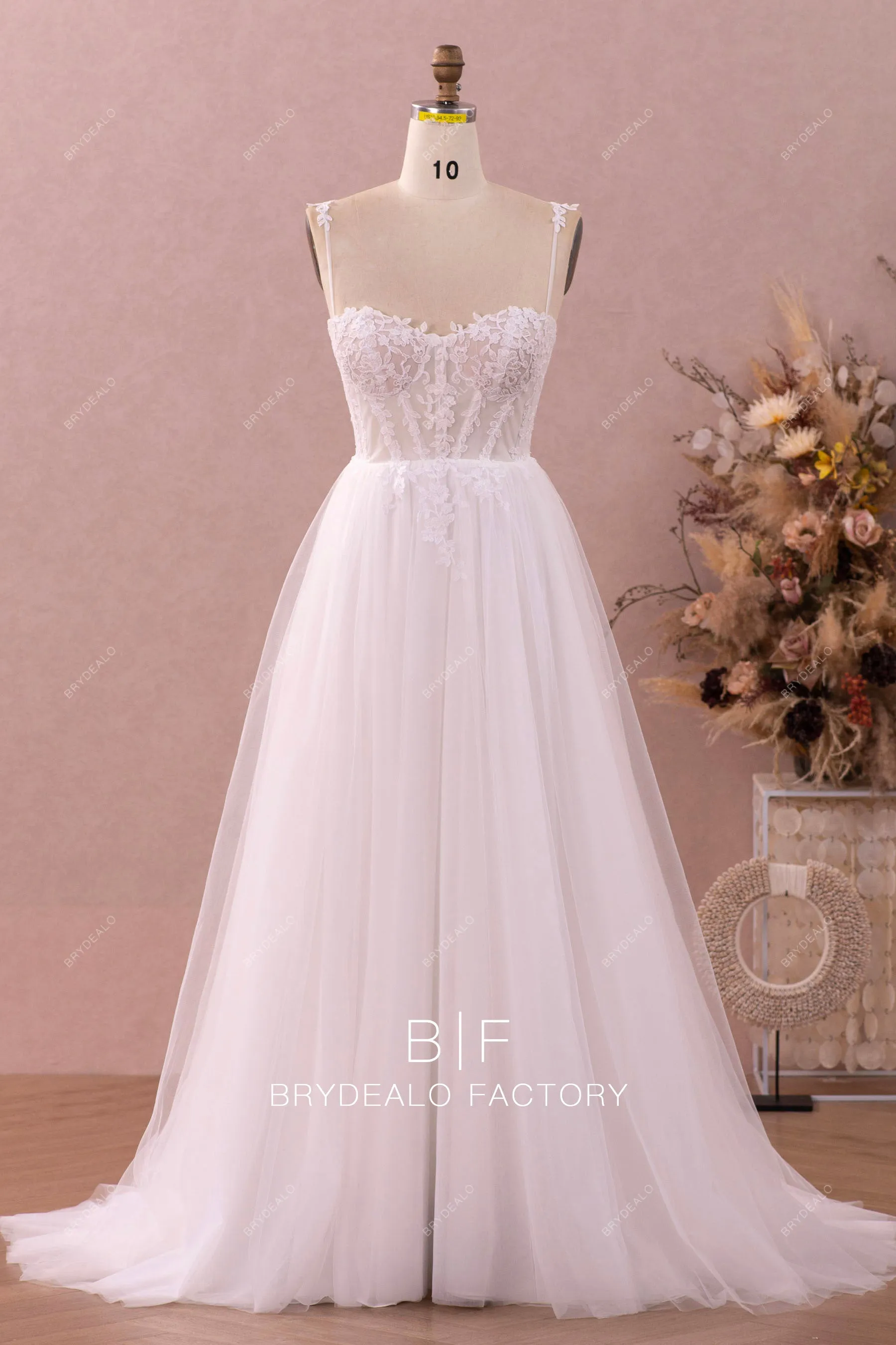 Modern Illusion Corset Lace Tulle Wedding Dress with Detachable Sleeves