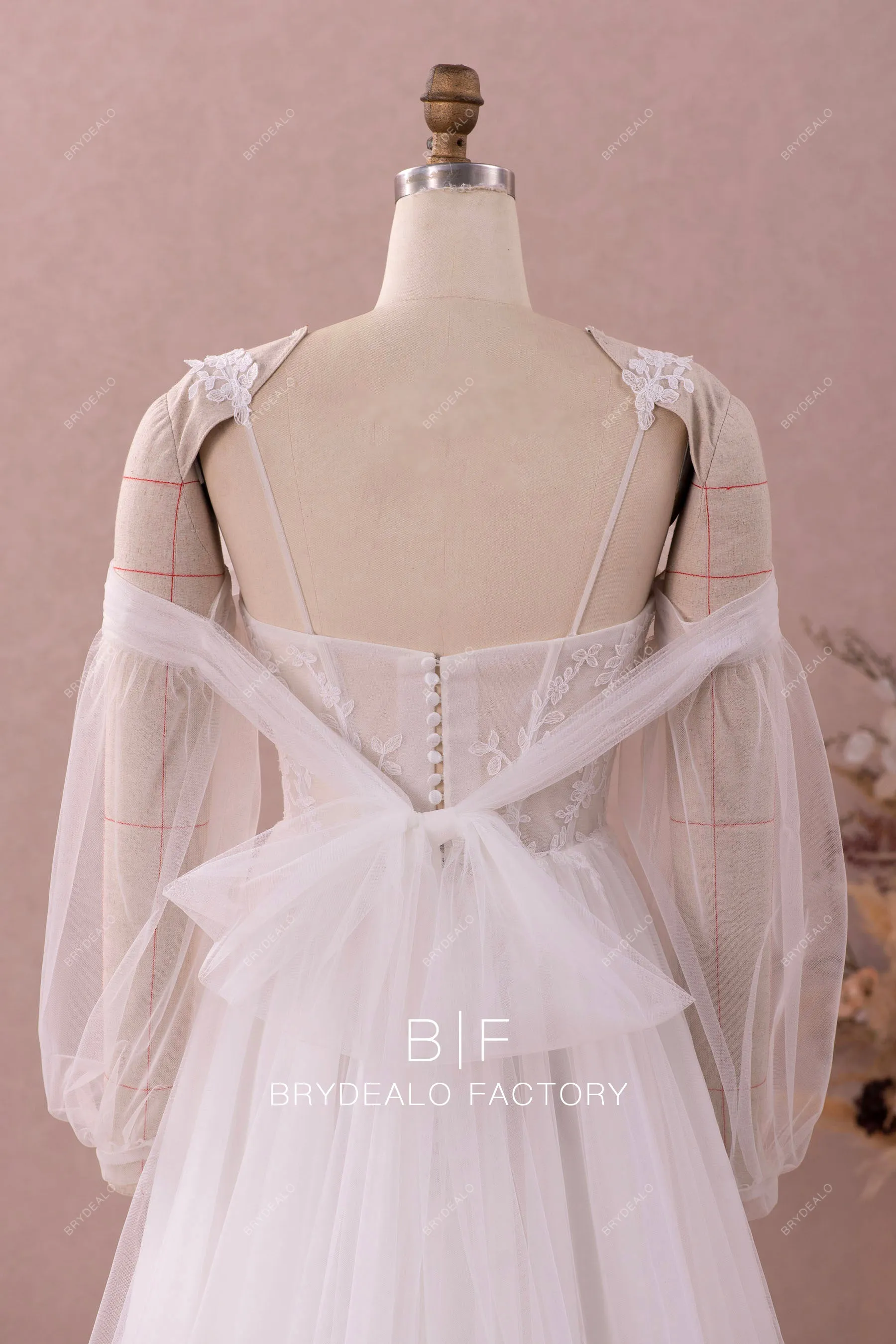 Modern Illusion Corset Lace Tulle Wedding Dress with Detachable Sleeves