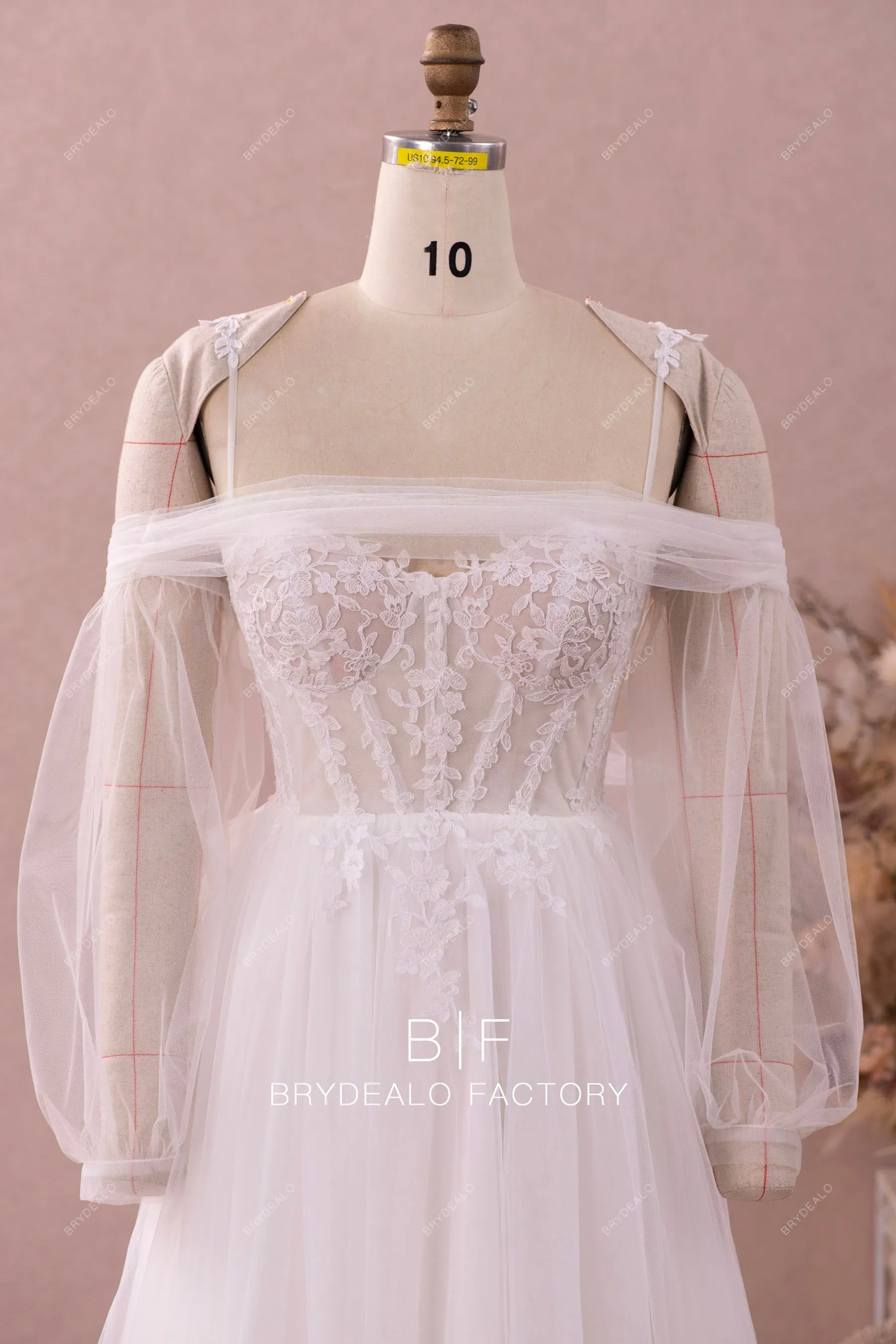 Modern Illusion Corset Lace Tulle Wedding Dress with Detachable Sleeves
