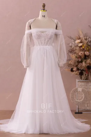 Modern Illusion Corset Lace Tulle Wedding Dress with Detachable Sleeves