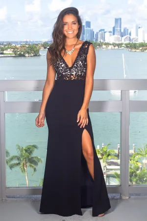 Navy and Nude Maxi Dress with Crochet Top and Side Slit