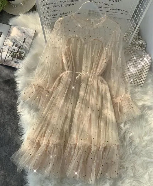 New Female O-neck Stars Sequined Mesh Shiny Fairy Dress Women Elegant Bling Gauze Princess Puff Dresses Vestidos De Fiesta