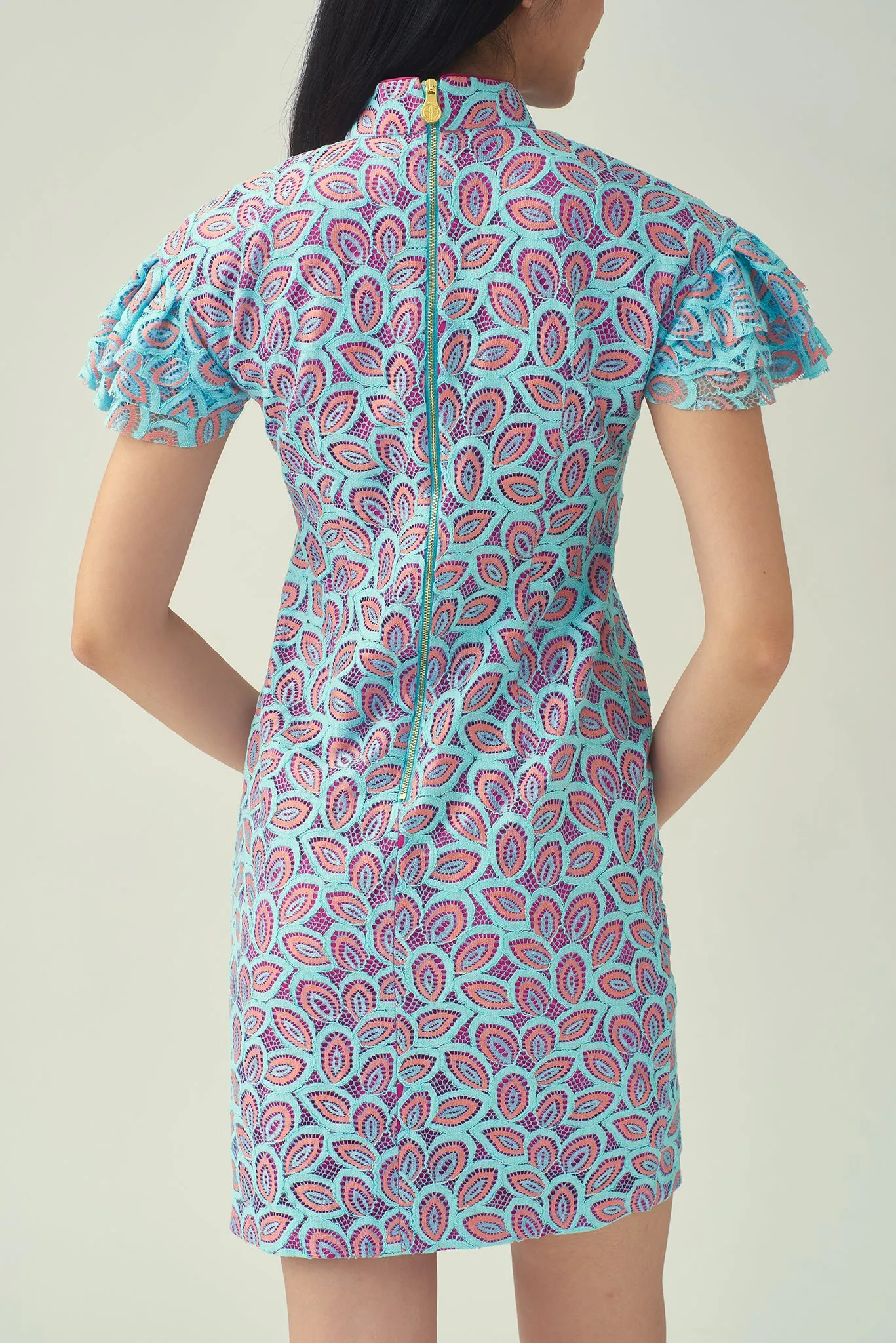 NOEL Layered Drop Slv Contrast Lace Cheongsam (Blue)