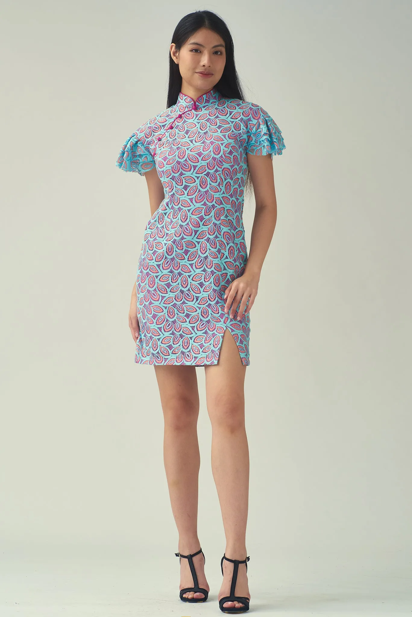 NOEL Layered Drop Slv Contrast Lace Cheongsam (Blue)