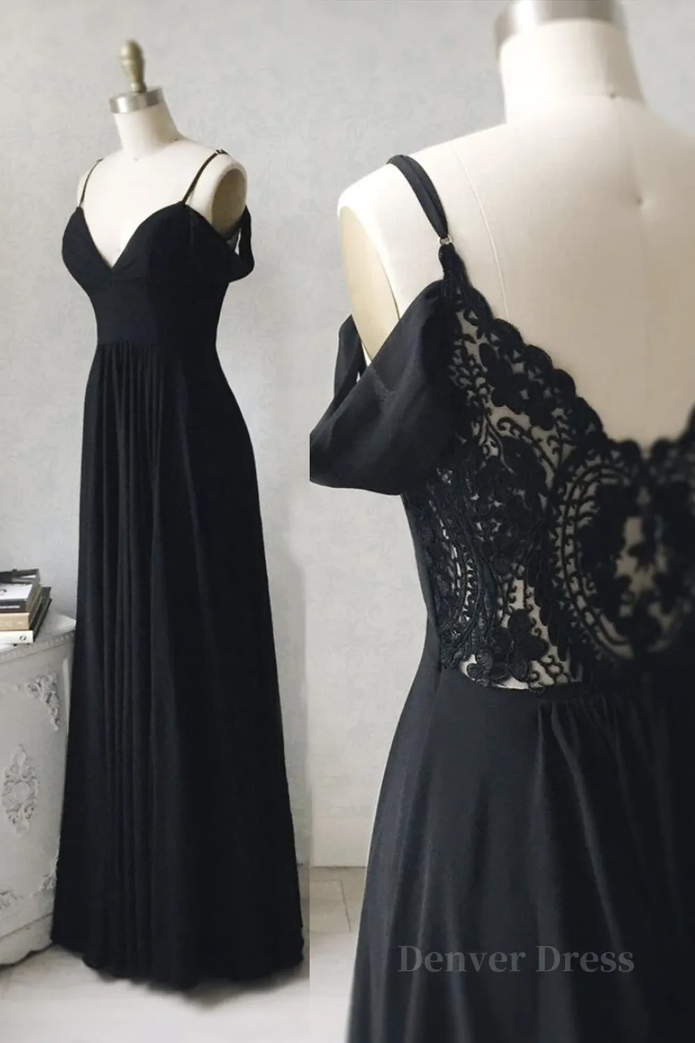 Off Shoulder V Neck Black Long Prom Dress with Lace Back Off the Shoulder Black Formal Dress Black Lace Evening Dress