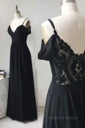 Off Shoulder V Neck Black Long Prom Dress with Lace Back Off the Shoulder Black Formal Dress Black Lace Evening Dress