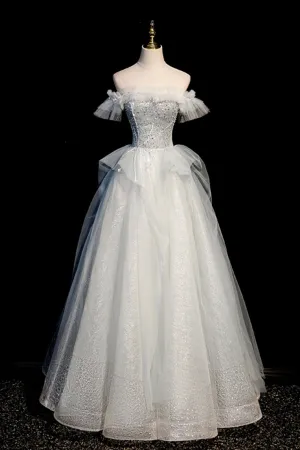 Off the Shoulder Tulle Long Prom Dress A-Line Evening Dress