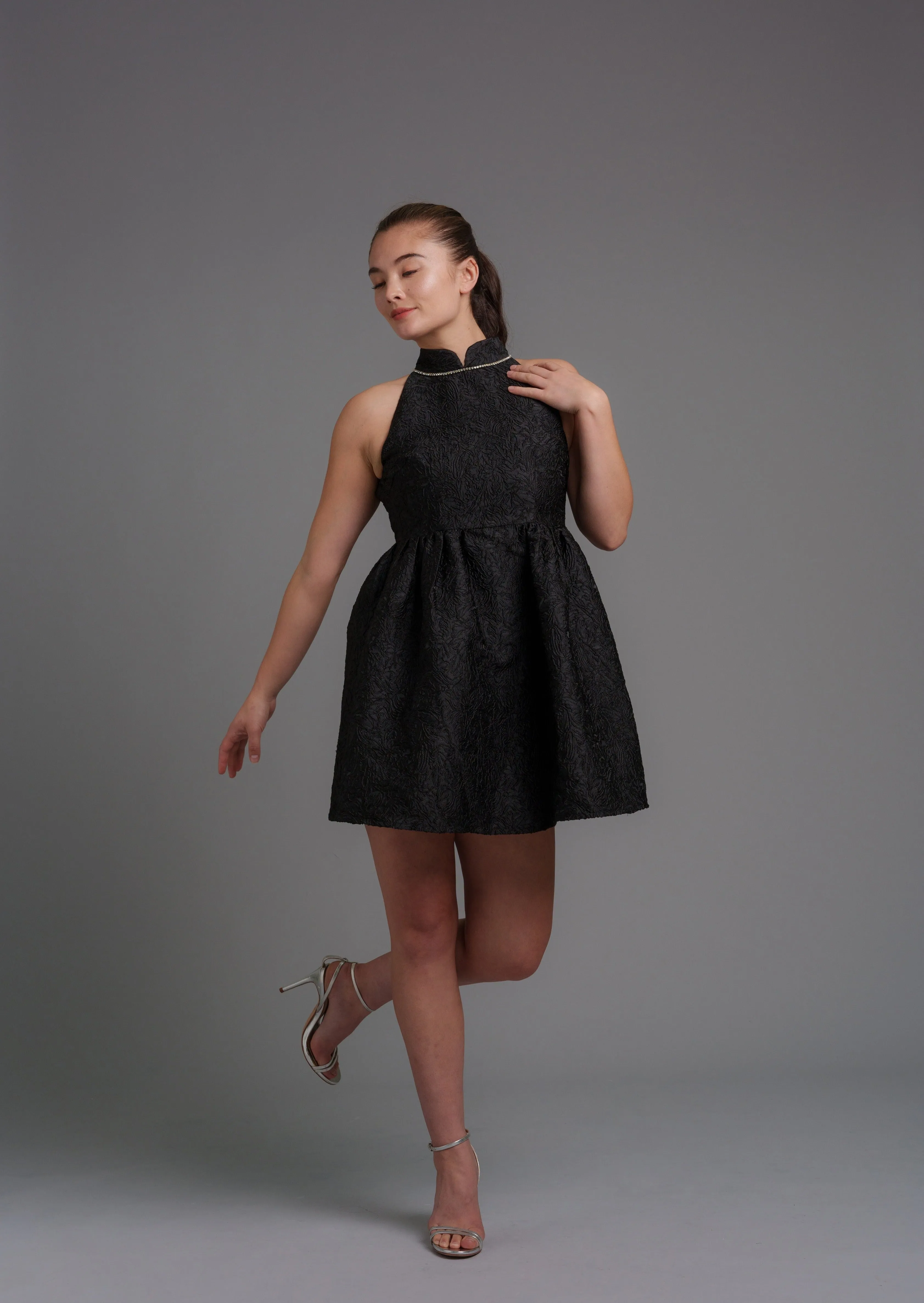 Petunia Brocade Mini Qipao (Black)