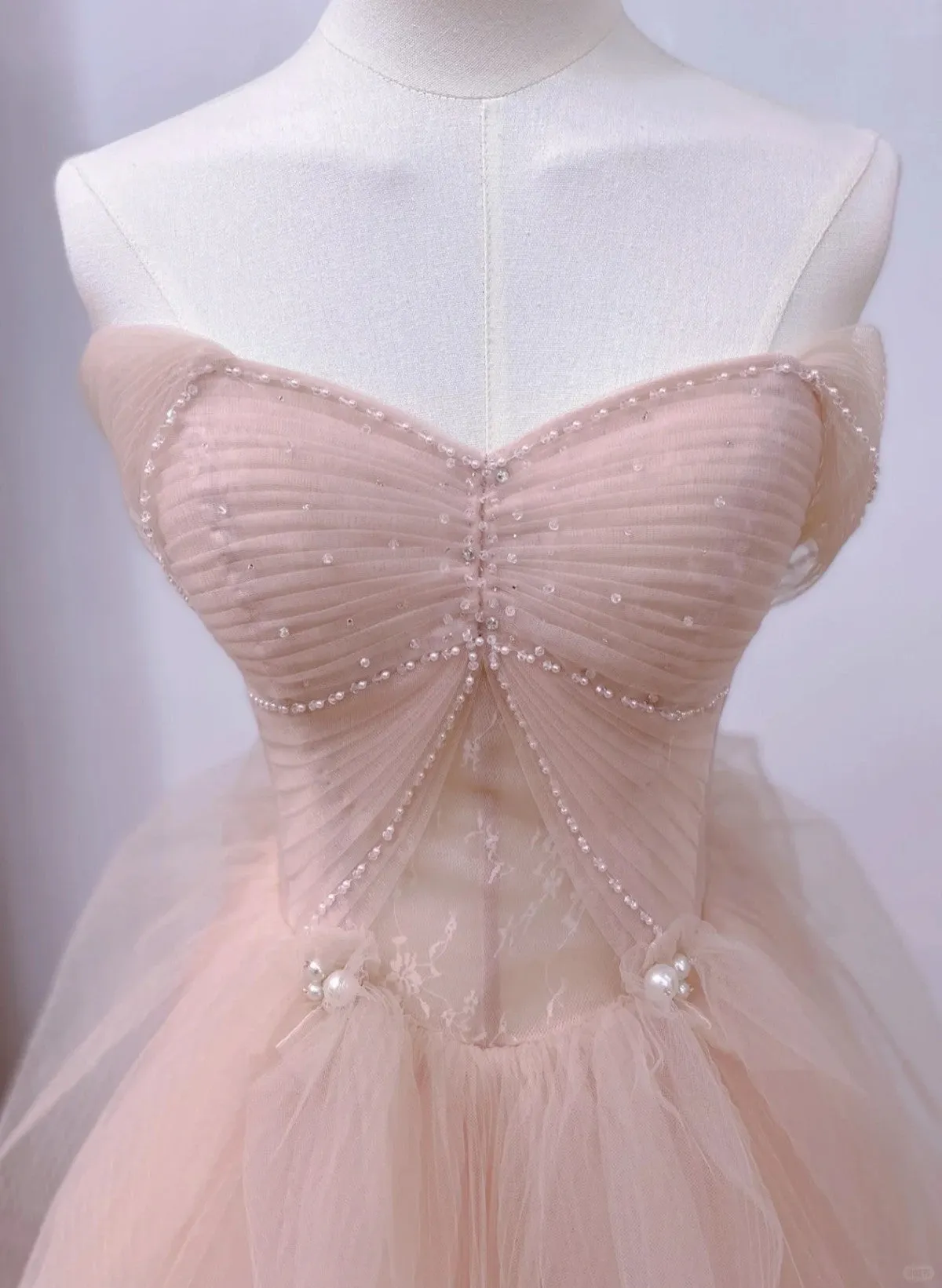 Pink Sweetheart Tulle Beaded Long Party Dress Pink Tulle Prom Dress Evening Dress