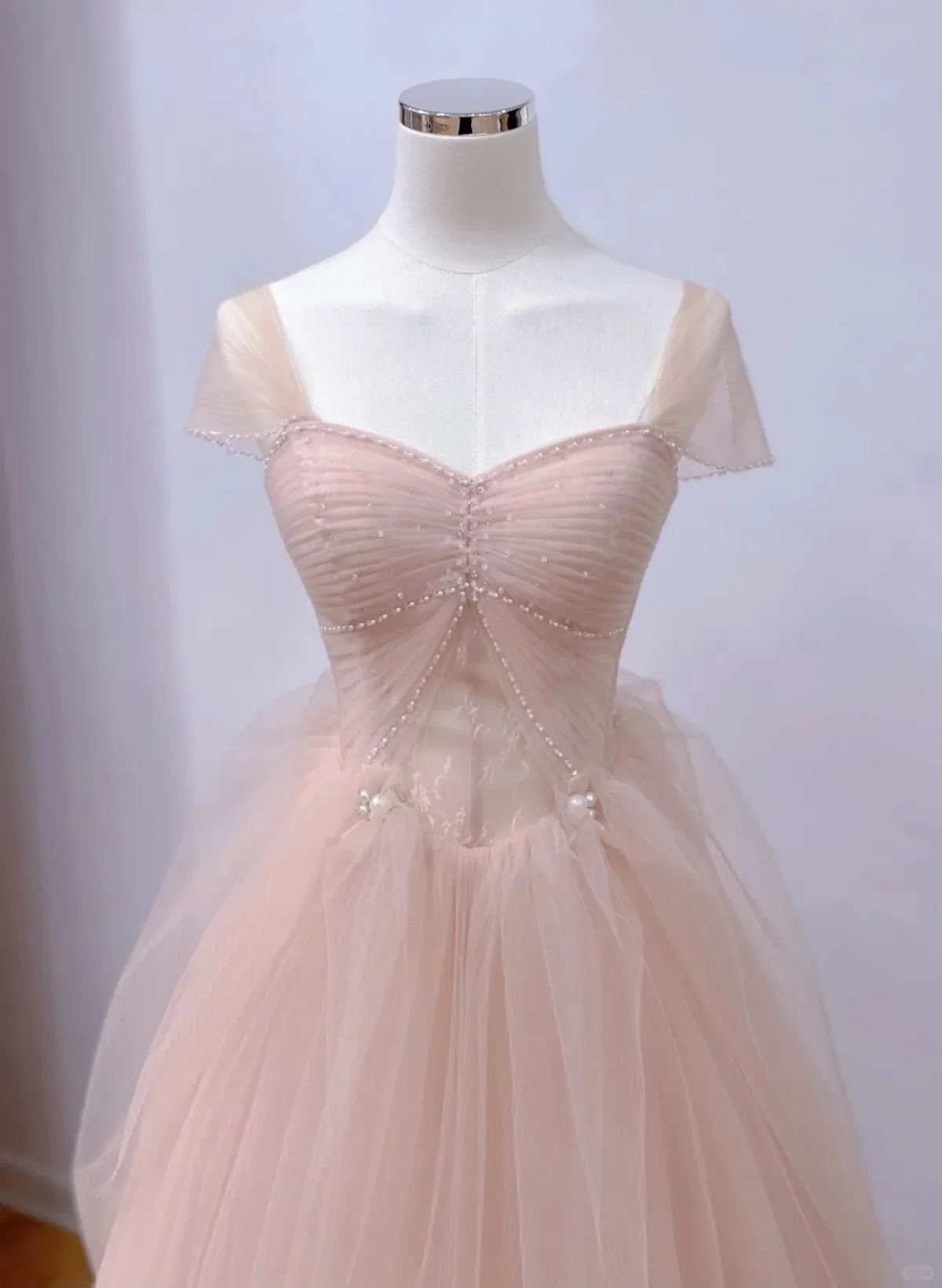 Pink Sweetheart Tulle Beaded Long Party Dress Pink Tulle Prom Dress Evening Dress