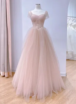 Pink Sweetheart Tulle Beaded Long Party Dress Pink Tulle Prom Dress Evening Dress