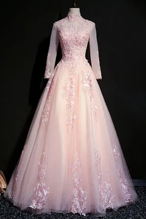Pink Tulle Beaded Long Lace Applique Formal Prom Dress Evening Dress With Sleeve