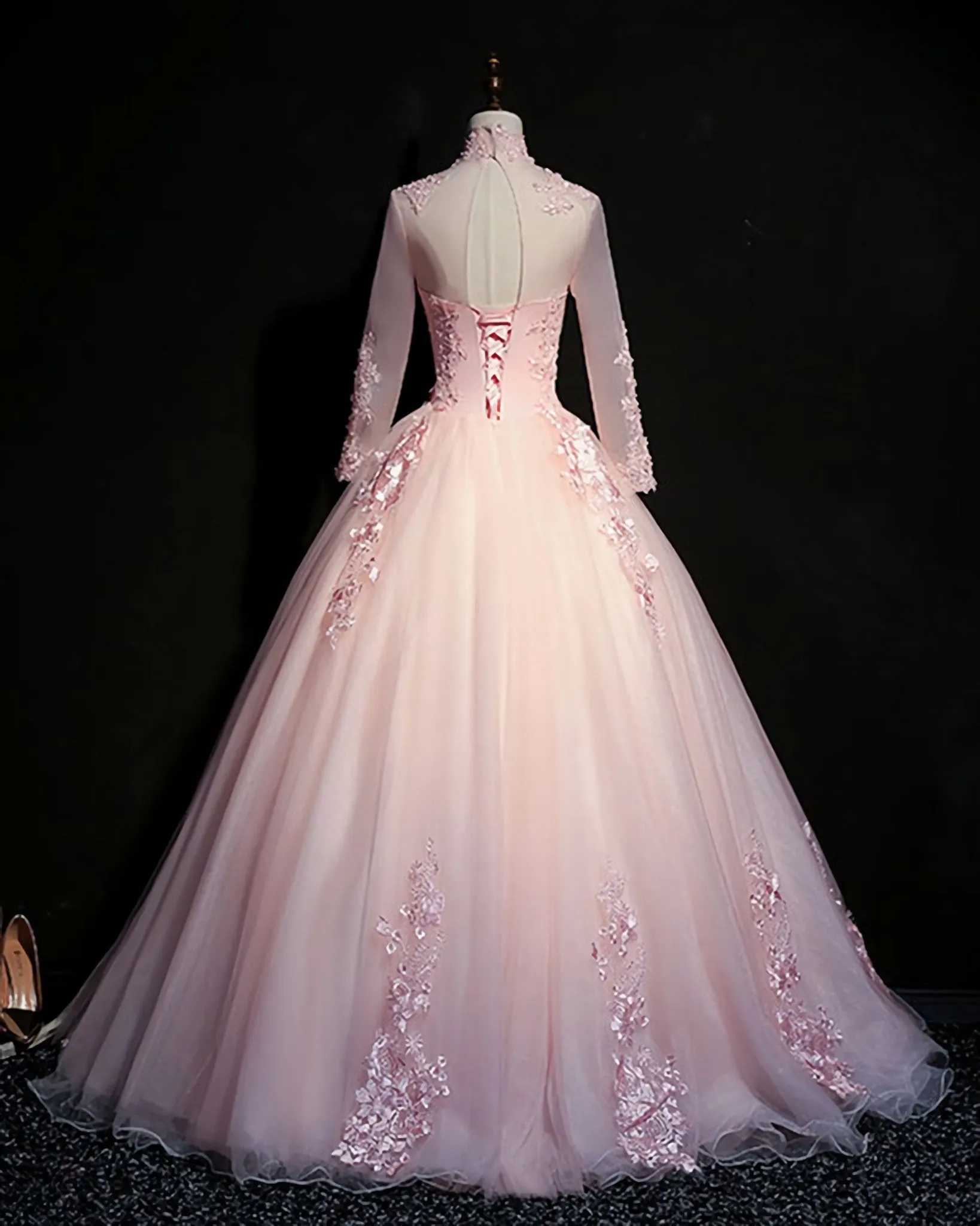 Pink Tulle Beaded Long Lace Applique Formal Prom Dress Evening Dress With Sleeve