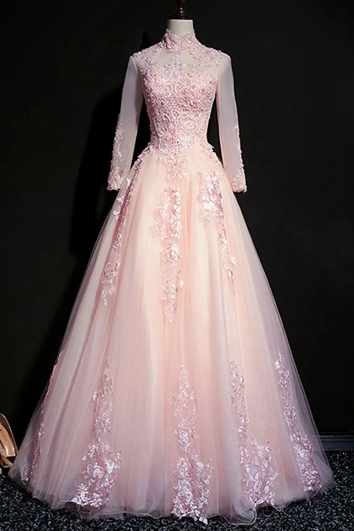 Pink Tulle Beaded Long Lace Applique Formal Prom Dress Evening Dress With Sleeve