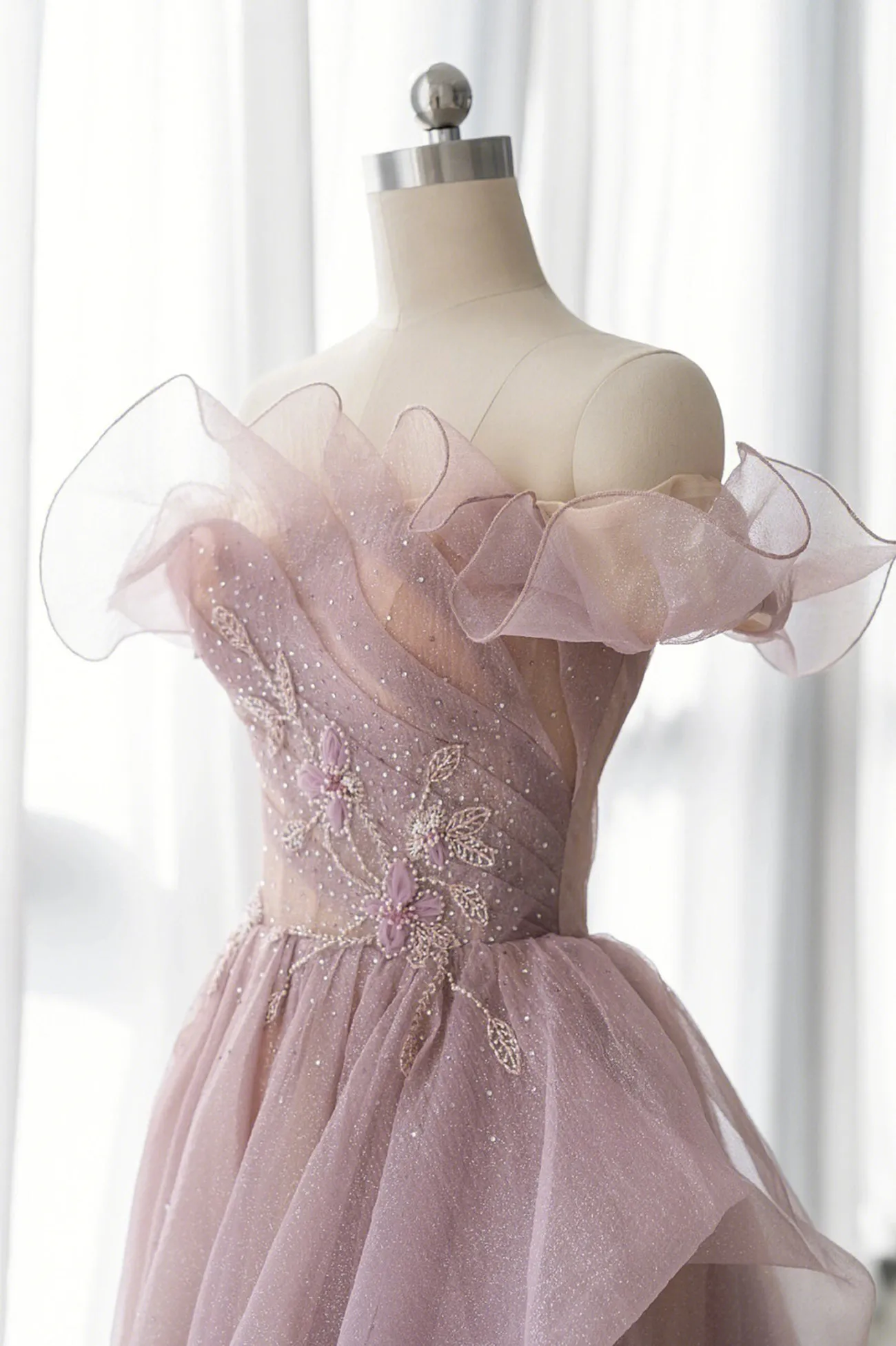 Pink Tulle Long A-line Prom Dress Lovely Off the Shoulder Evening Dress