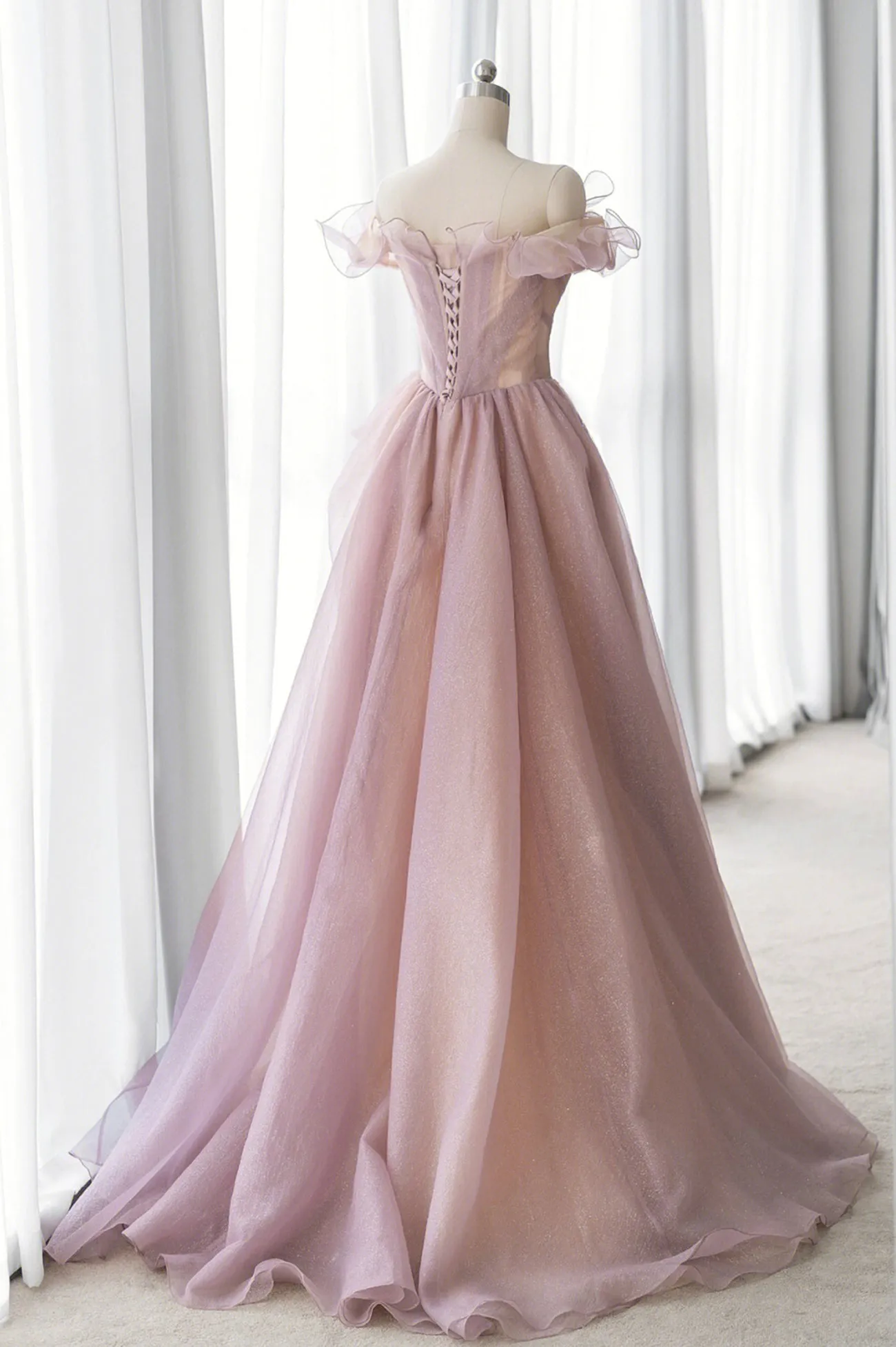 Pink Tulle Long A-line Prom Dress Lovely Off the Shoulder Evening Dress