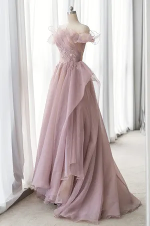 Pink Tulle Long A-line Prom Dress Lovely Off the Shoulder Evening Dress