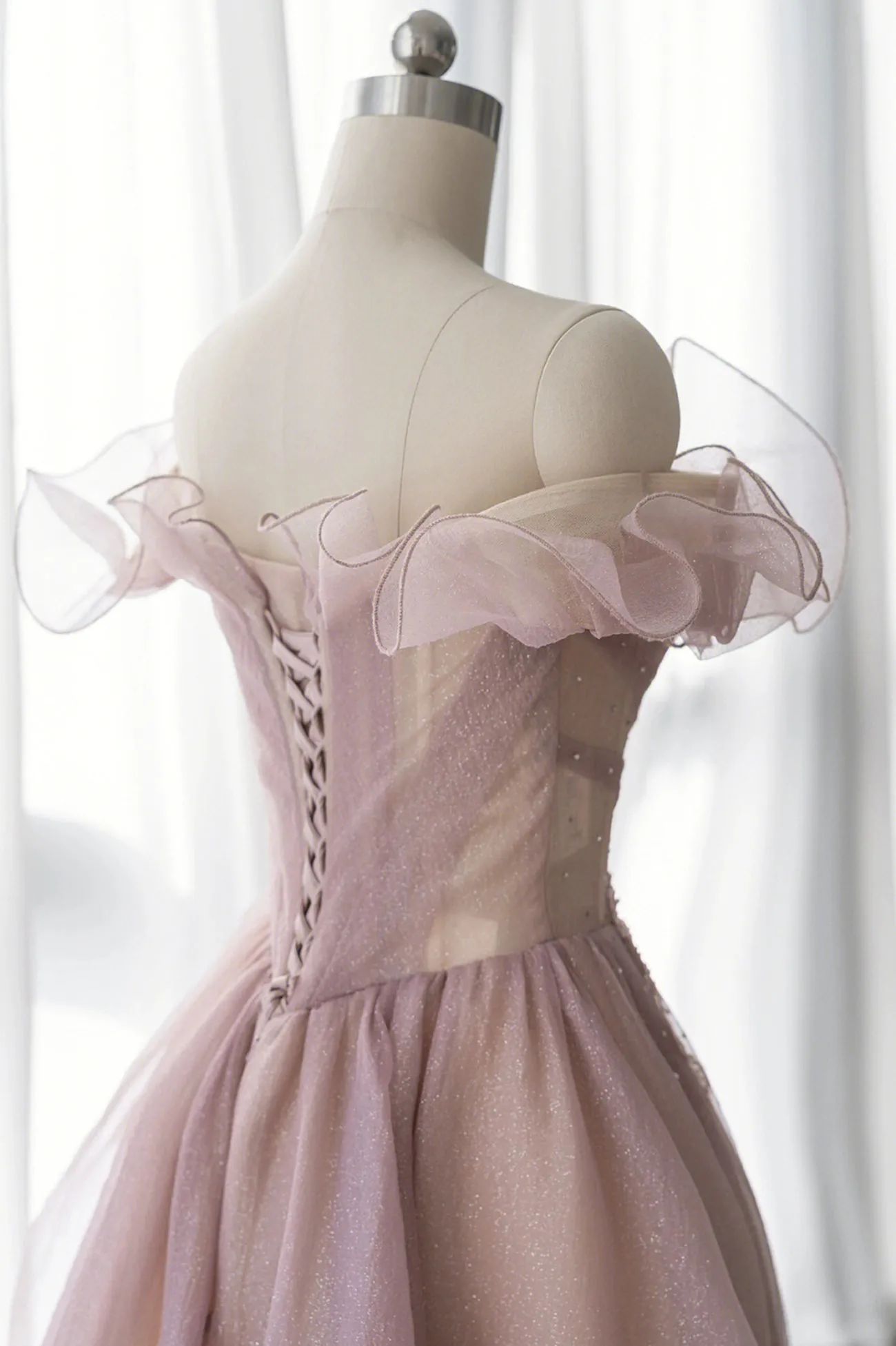 Pink Tulle Long A-line Prom Dress Lovely Off the Shoulder Evening Dress