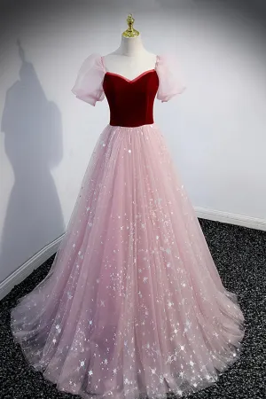 Pink Tulle Long Prom Dress A-Line Formal Evening Dress