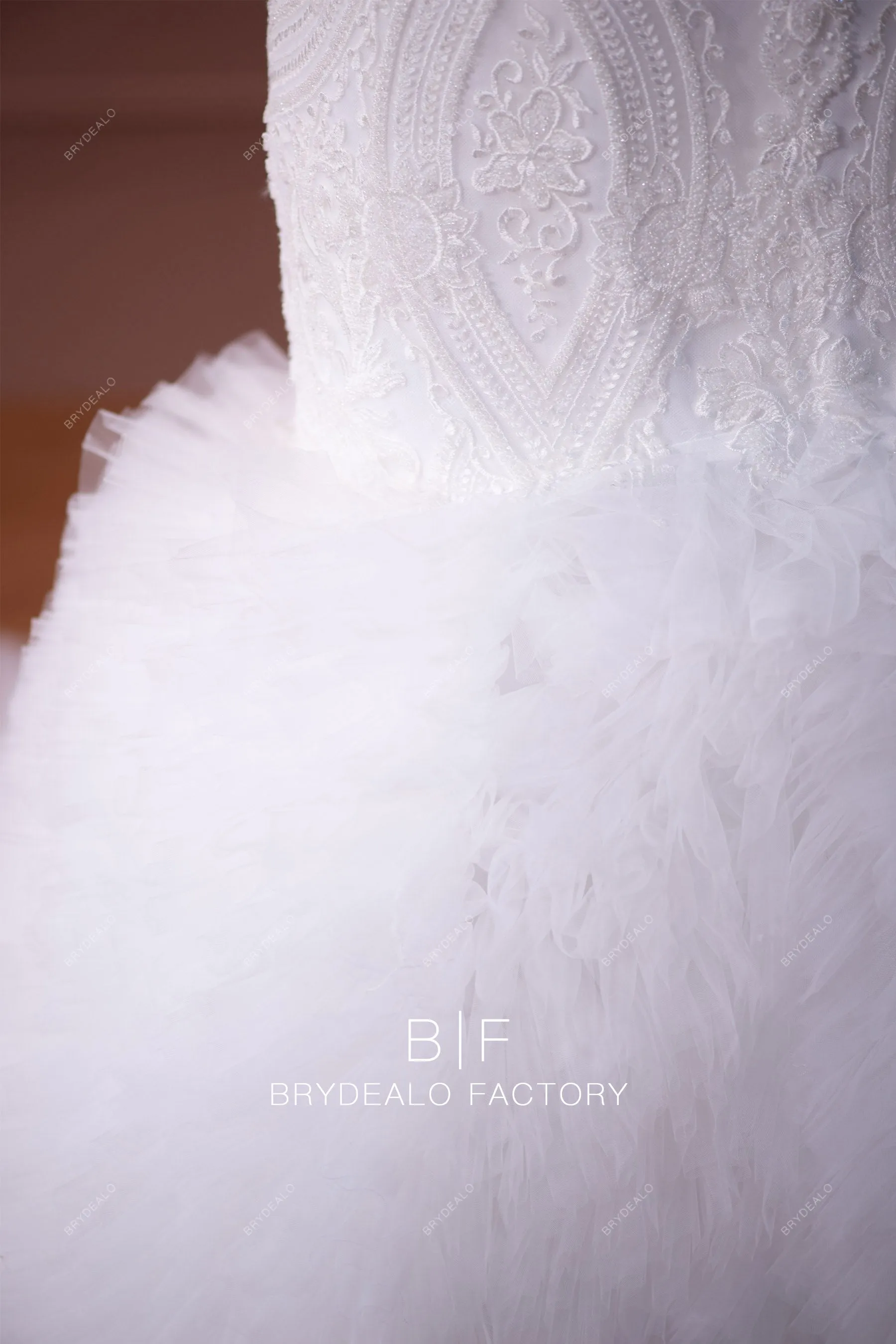 Plus Size Modern Lace Ruffled Tulle Trumpet Wedding Gown