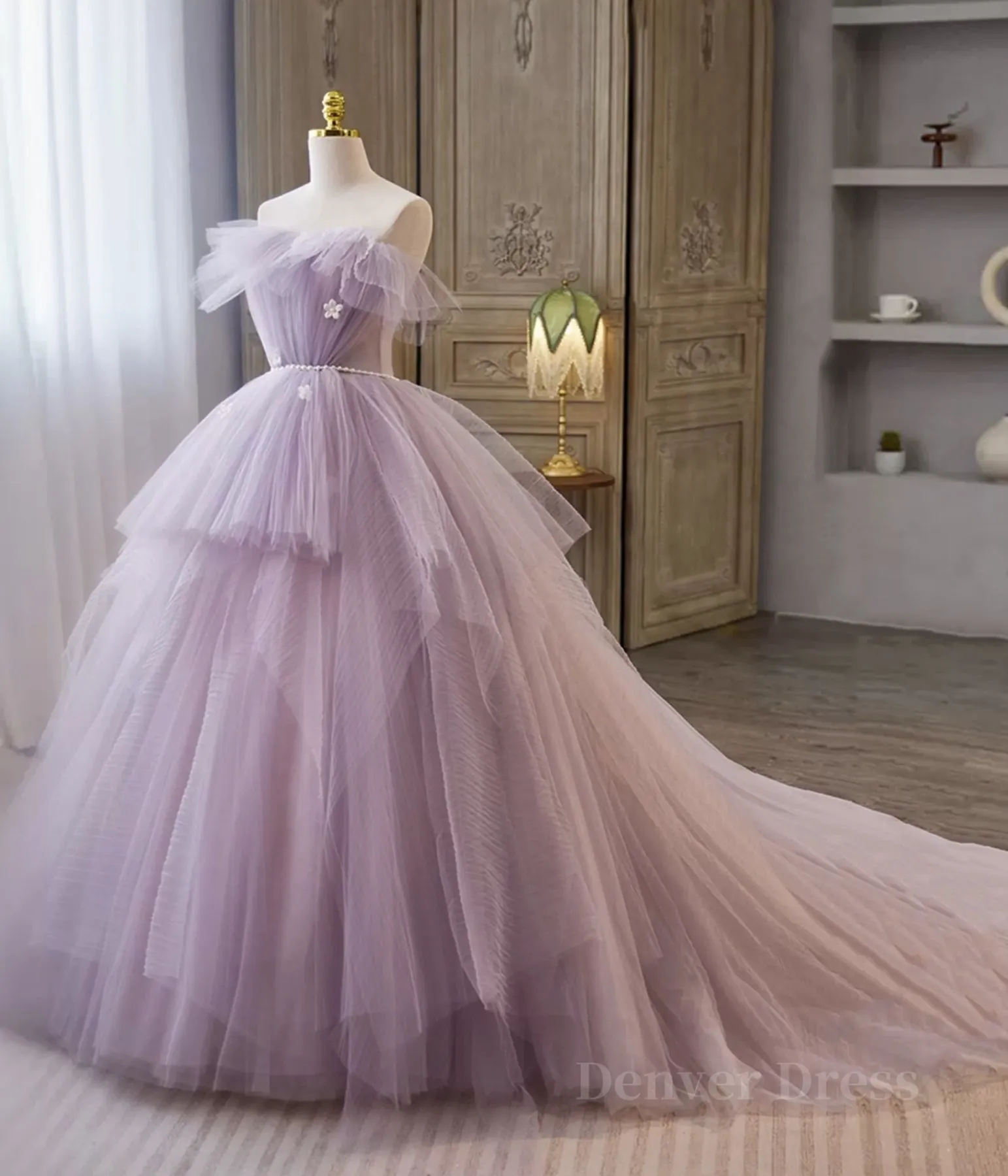 Princess Lavender Tulle Floral Long Prom Dress Lavender Formal Evening Dress Purple Ball Gown