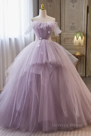 Princess Lavender Tulle Floral Long Prom Dress Lavender Formal Evening Dress Purple Ball Gown
