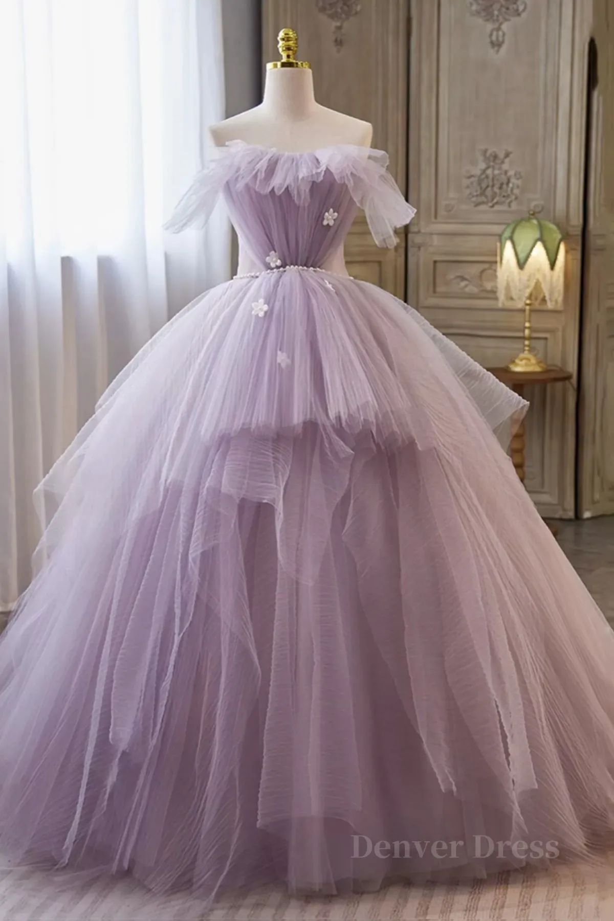 Princess Lavender Tulle Floral Long Prom Dress Lavender Formal Evening Dress Purple Ball Gown