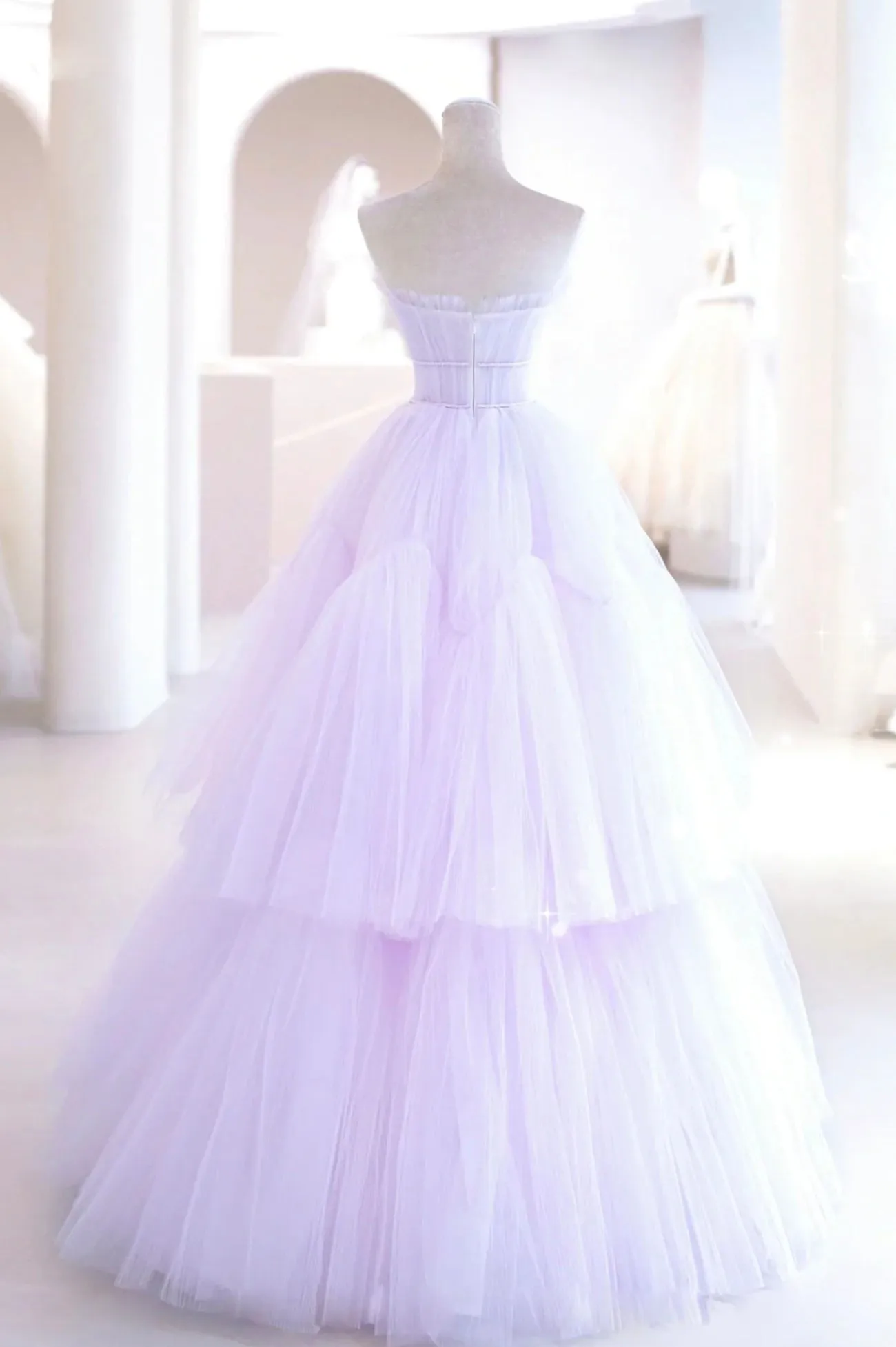 Purple Strapless Tulle Long Formal Gown Purple A-Line Evening Dress