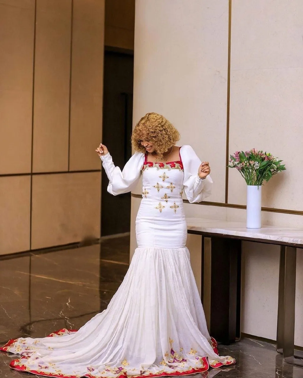 Radiant Red Elegance Habesha Dress with Artful Beadwork and Intricate Design Shapes Habesha Kemis