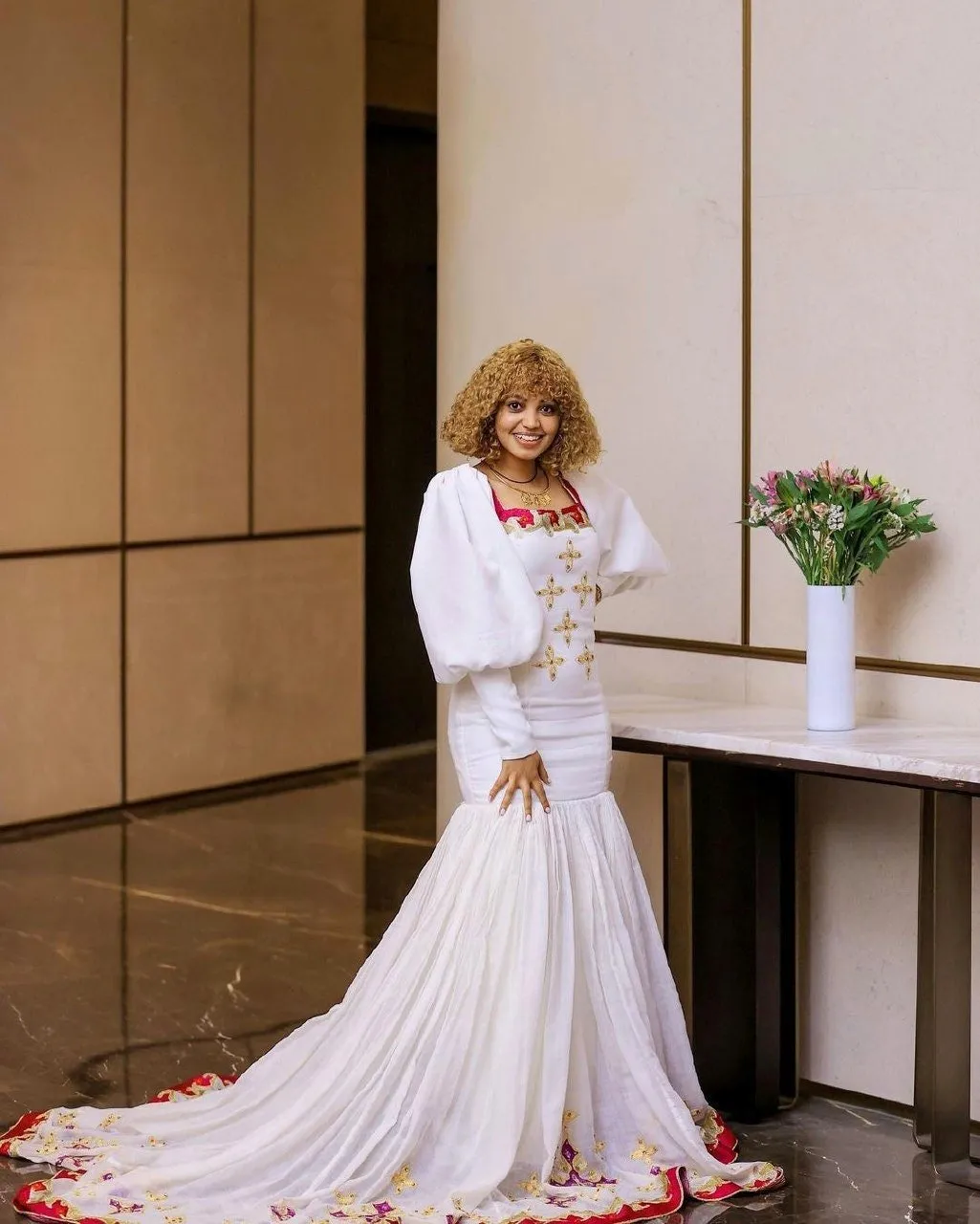 Radiant Red Elegance Habesha Dress with Artful Beadwork and Intricate Design Shapes Habesha Kemis
