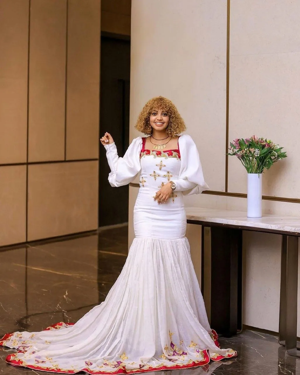 Radiant Red Elegance Habesha Dress with Artful Beadwork and Intricate Design Shapes Habesha Kemis
