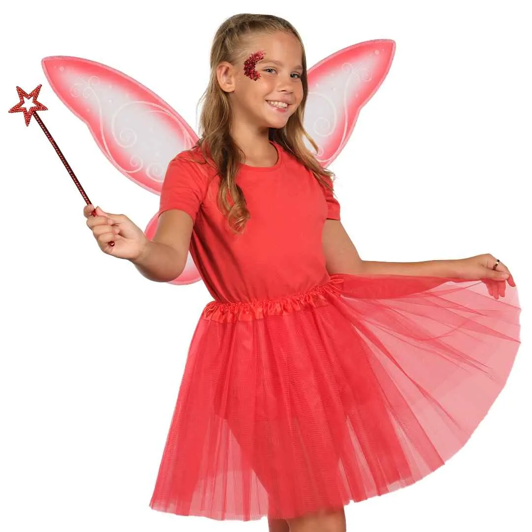 Red Fairy Costume Accessories Set - Fairy Wings, Fairy Wand with Fairy Glitter - FUNCREDIBLE