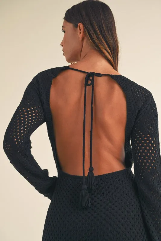 Rhea Crochet Long Sleeve Crochet Mini Dress Black