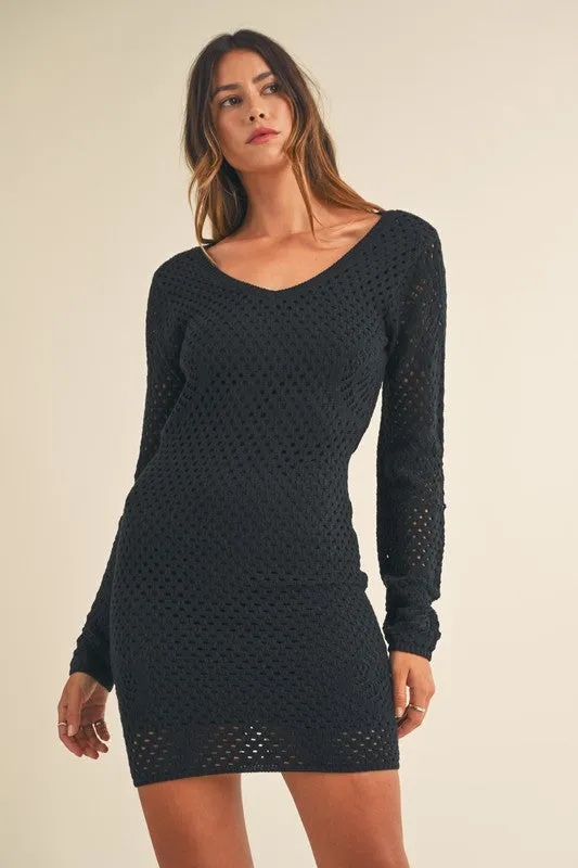 Rhea Crochet Long Sleeve Crochet Mini Dress Black