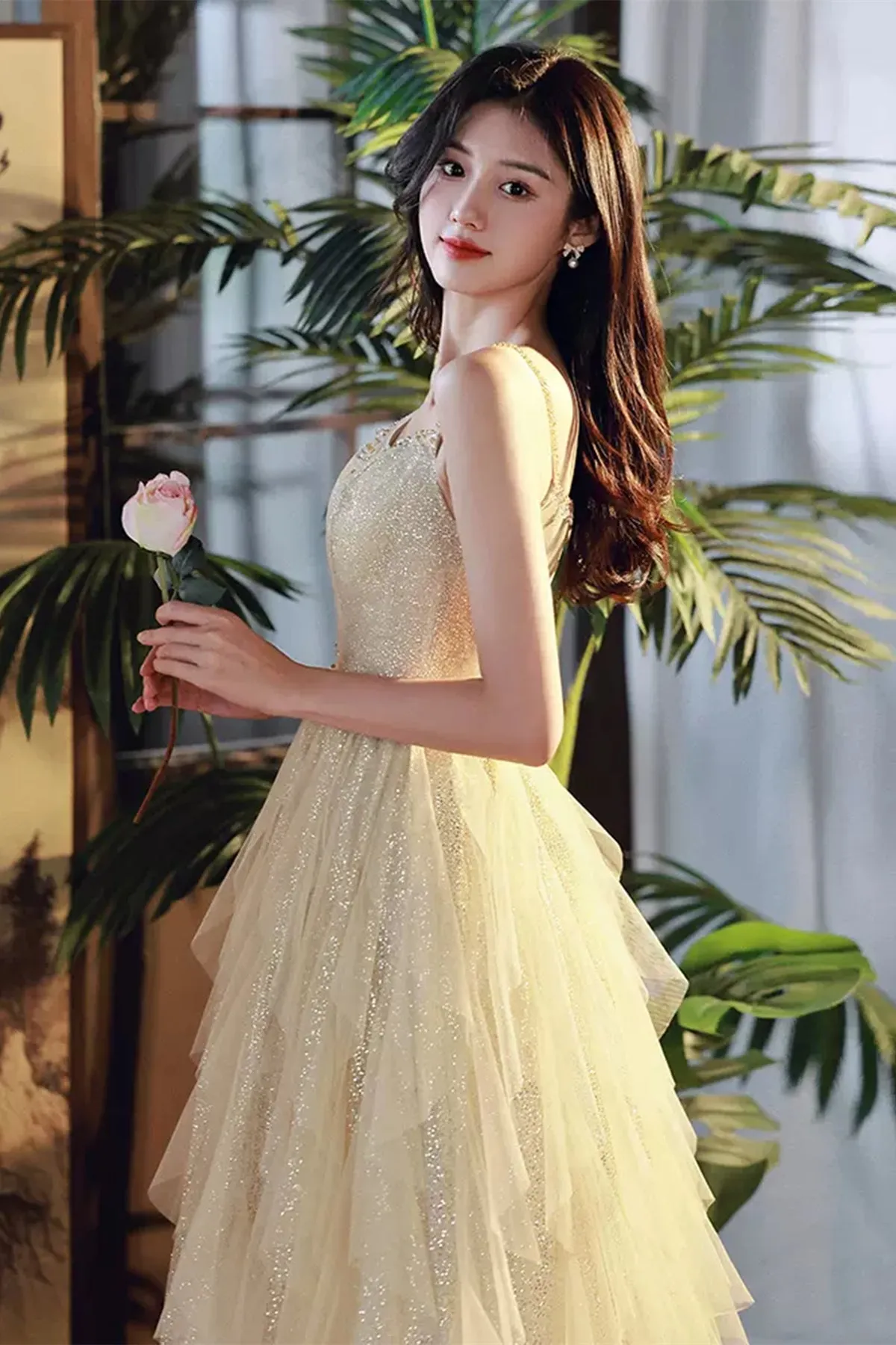 Shiny A Line Champagne Tulle Long Prom Dress, Layered Champagne Formal Graduation Evening Dress A1831