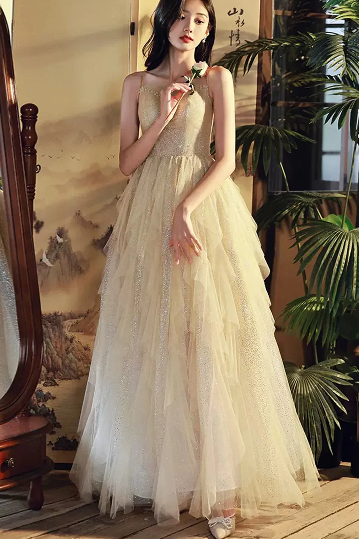 Shiny A Line Champagne Tulle Long Prom Dress, Layered Champagne Formal Graduation Evening Dress A1831