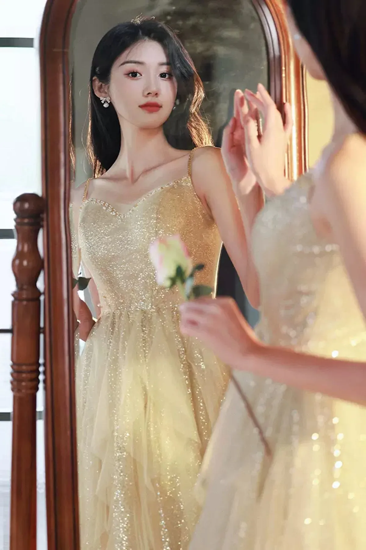 Shiny A Line Champagne Tulle Long Prom Dress, Layered Champagne Formal Graduation Evening Dress A1831