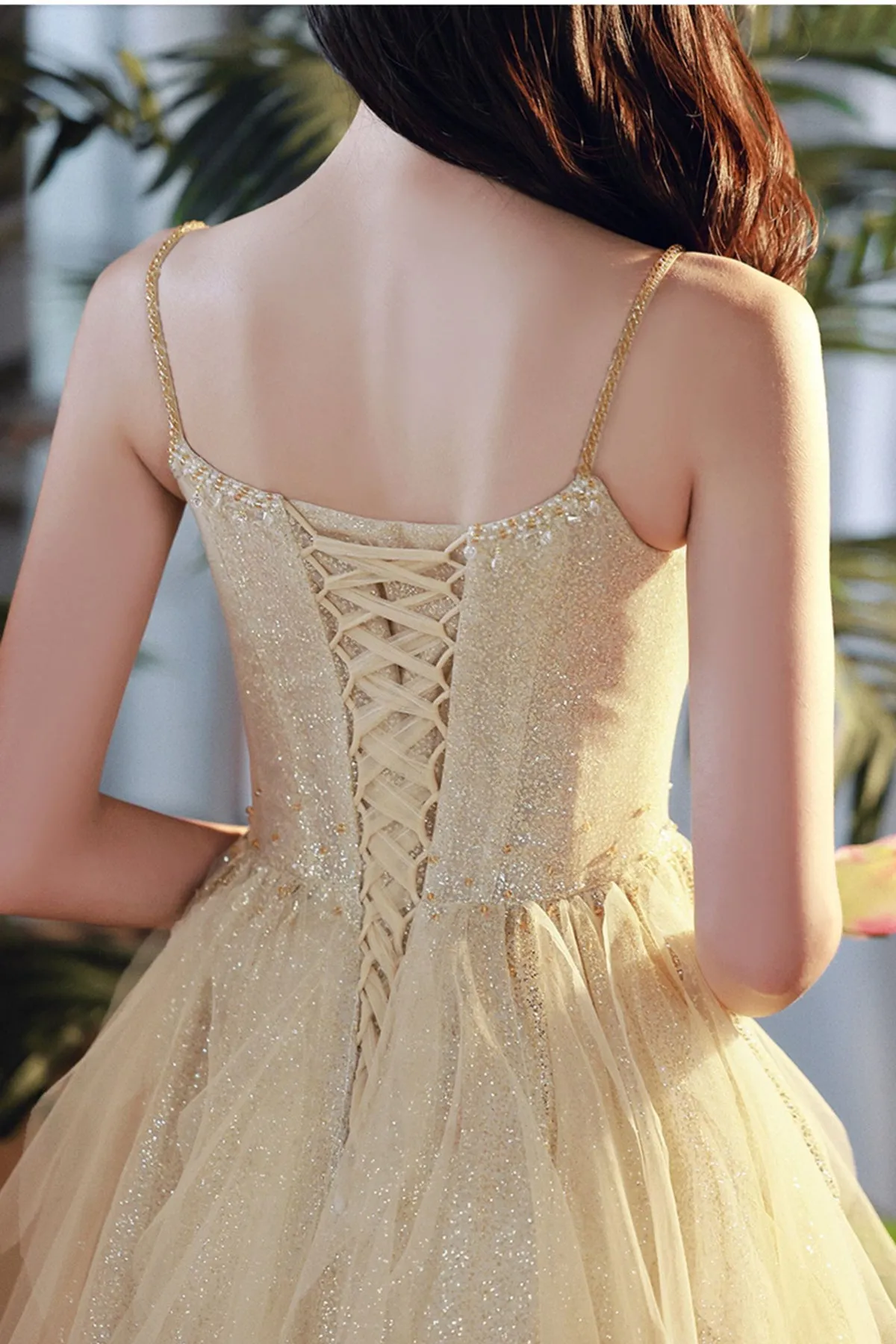 Shiny A Line Champagne Tulle Long Prom Dress, Layered Champagne Formal Graduation Evening Dress A1831